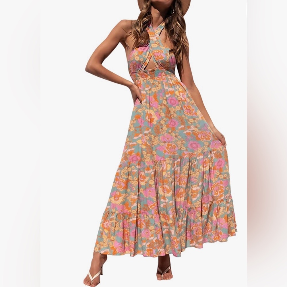 NWOT- Crossover Halter Neck Sleeveless Maxi Dress